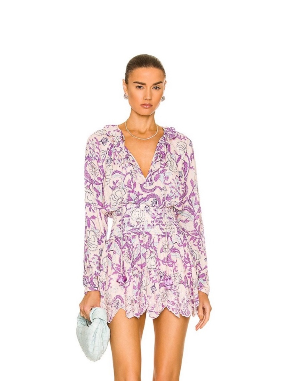 HEMANT & NANDITA Lavender Floral V-Neck Long-Sleeve Mini Dress Asia